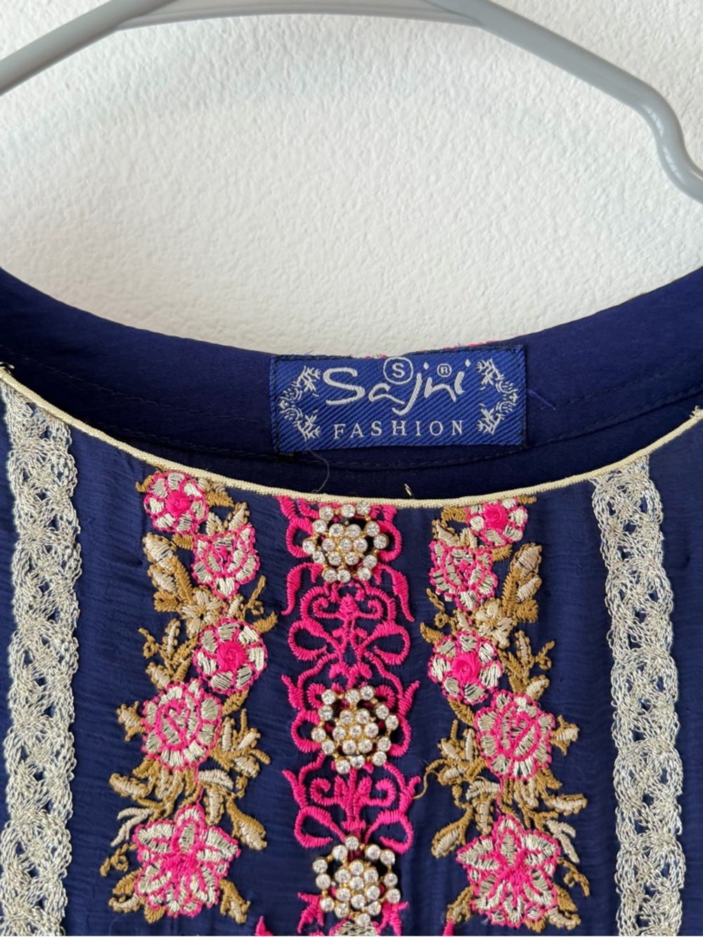 Blue And Pink Sajni Fashion Embroidered 3-Piece Suit (Small) View 3